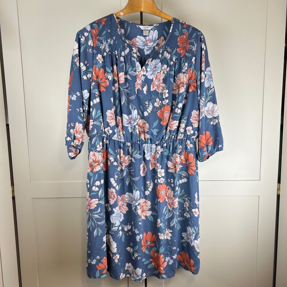 Christopher & Banks Dress Womens 2X Blue Floral Smocked Waist Cottagecore